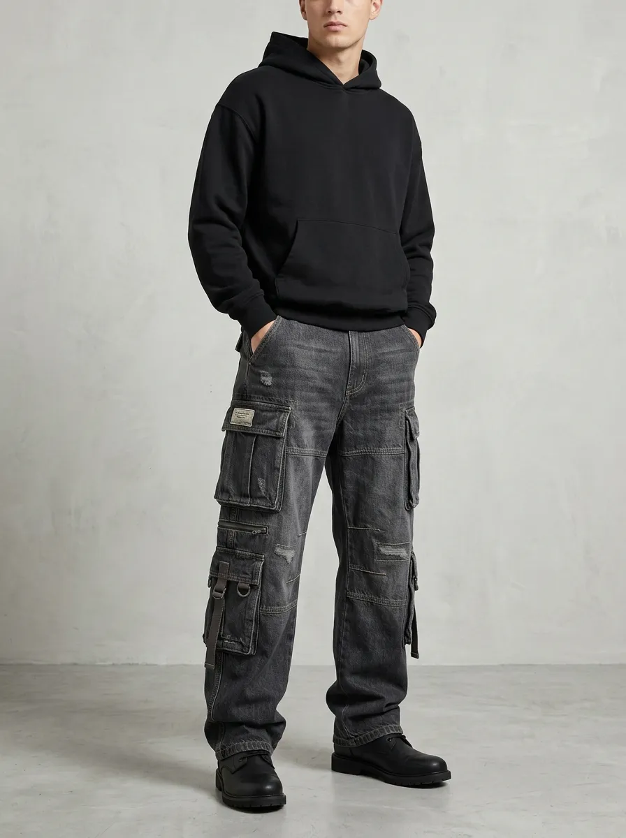 Men's Washed Black Multi-Pocket Cargo Pants