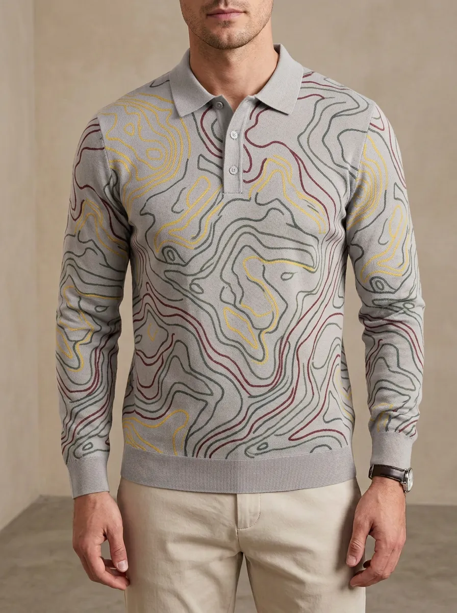 Men's Outdoor Adventure Topographic Map Printed Long Sleeve Polo Shirt Everyday Design