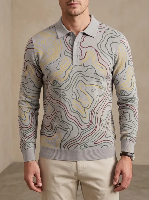 Men's Outdoor Adventure Topographic Map Printed Long Sleeve Polo Shirt Everyday Design