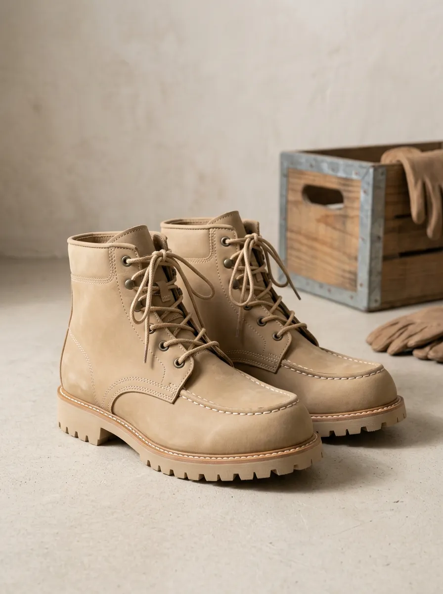Unisex Casual Outdoor Beige Nubuck Leather Lace-up Boots