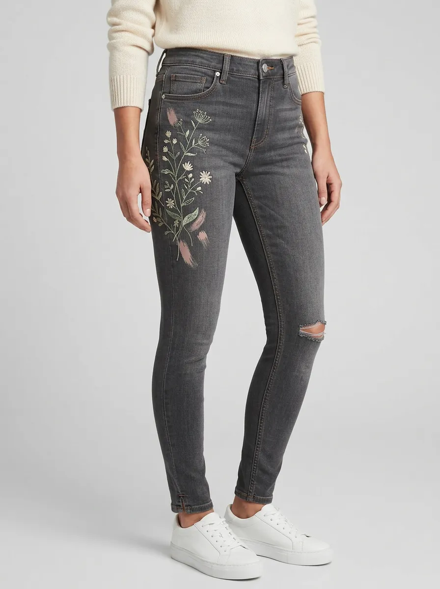 Women's Floral Nature Botanical Embroidered Graphic Slim Jeans