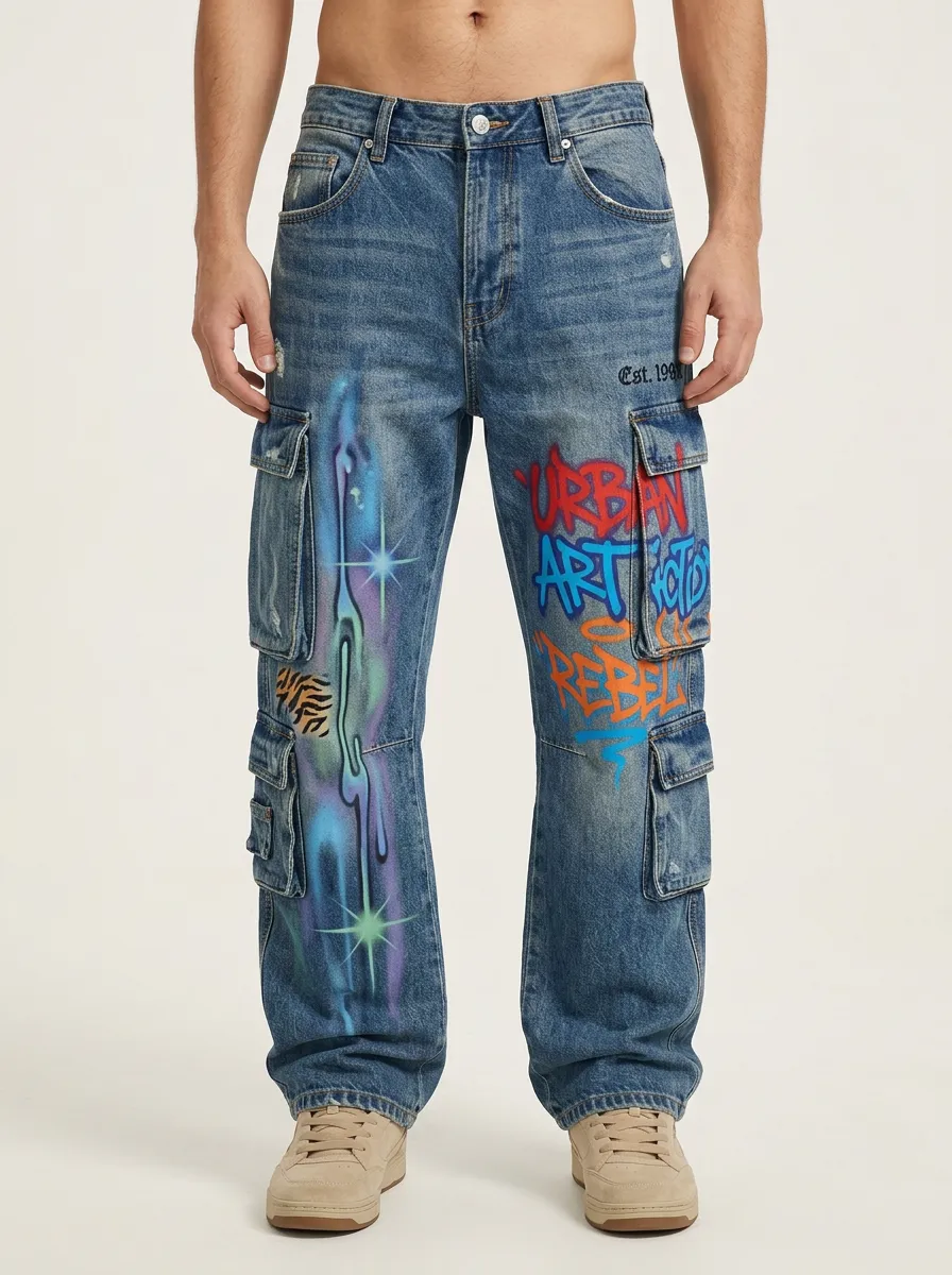 Men's Streetwear Graffiti Art Star Print Cargo Jeans