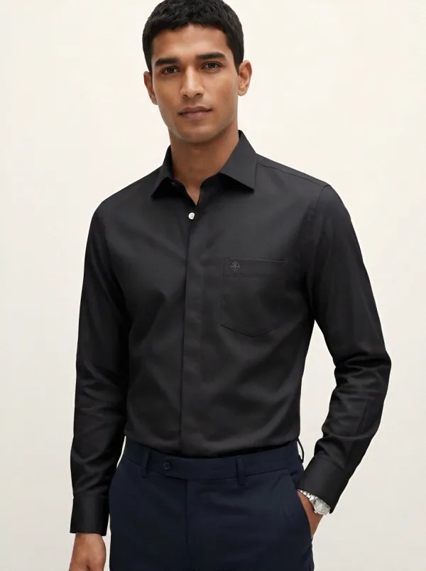 Men's Non-Iron Cotton Compass Logo Embroidered Long Sleeve Shirt