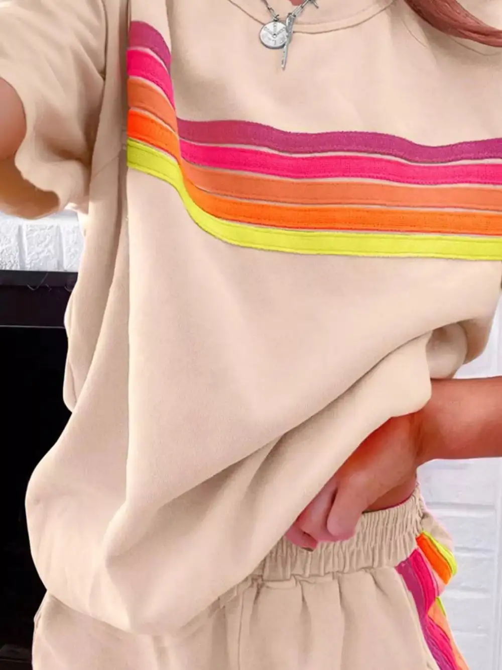 Rainbow Striped Round Neck Top and Shorts Set