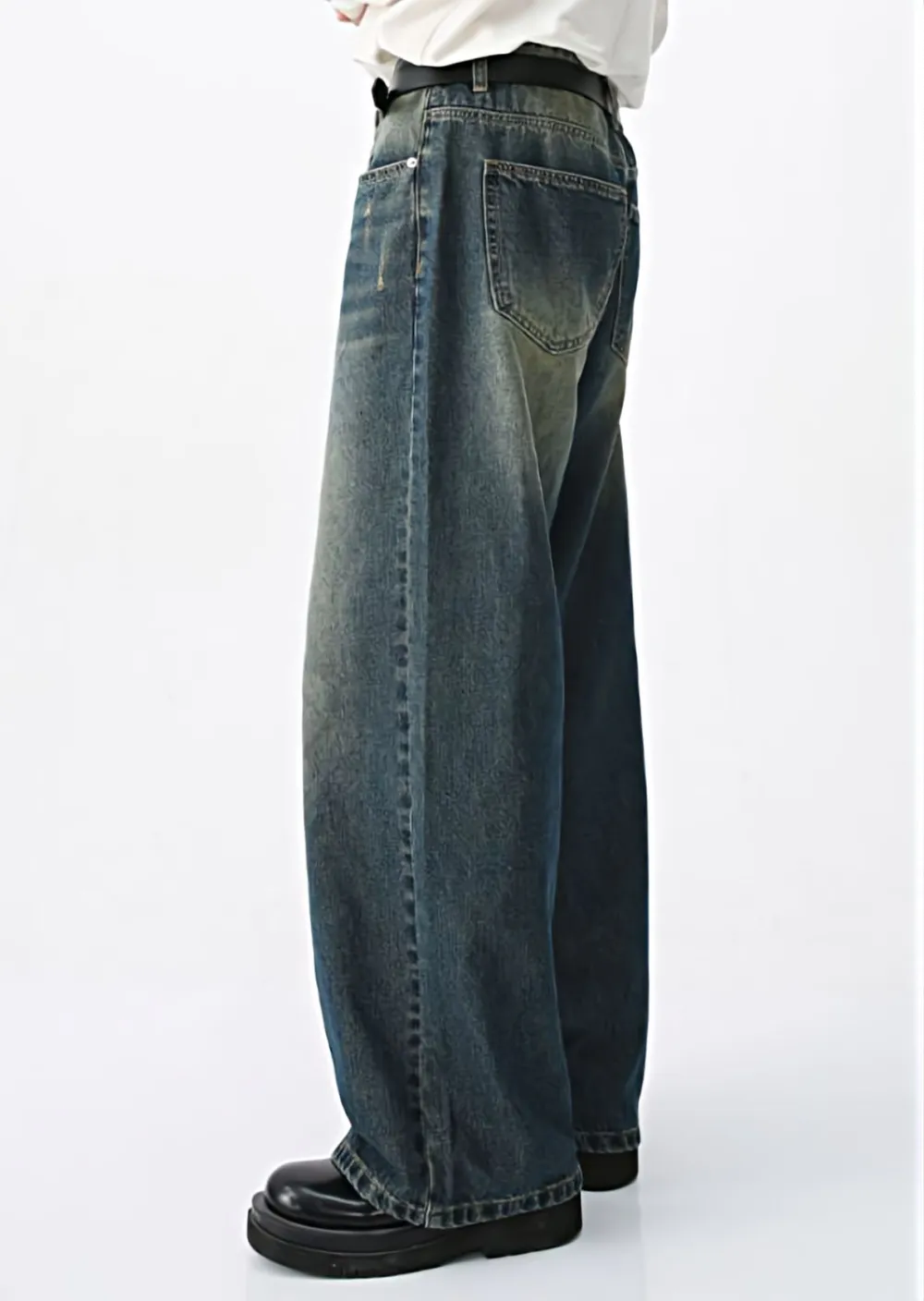 Wide-Leg Vintage-Wash Two-Tone Jeans