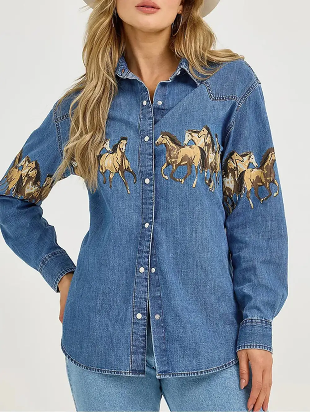 Retro Denim Collared Shirt and Printed Denim Jacket
