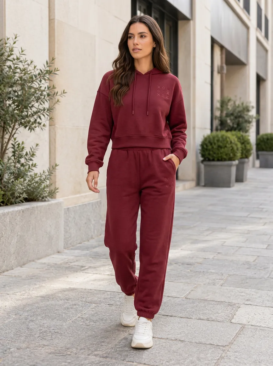 Women's Burgundy XOXO Embroidered Printed Two-Piece Set