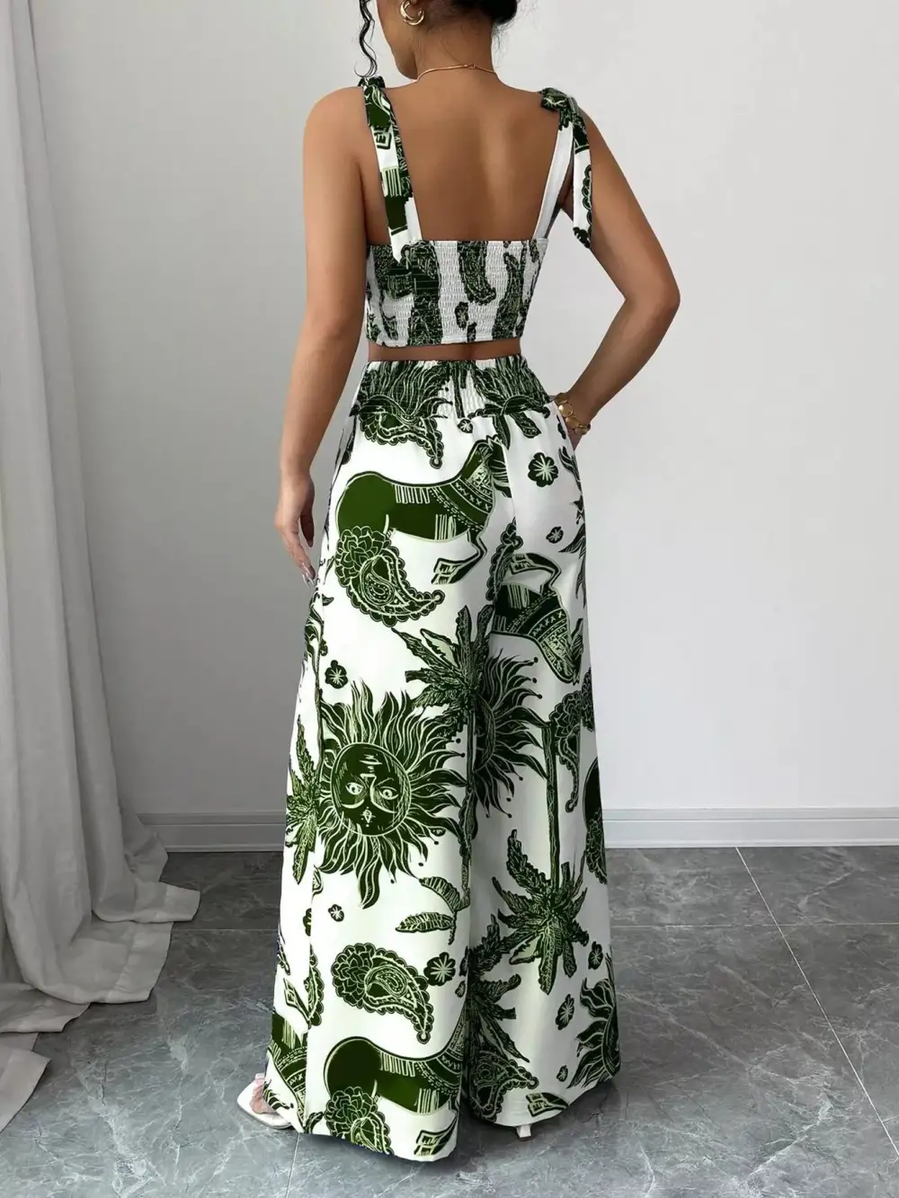 Floral Print Crop Top and Wide Leg Pants Set