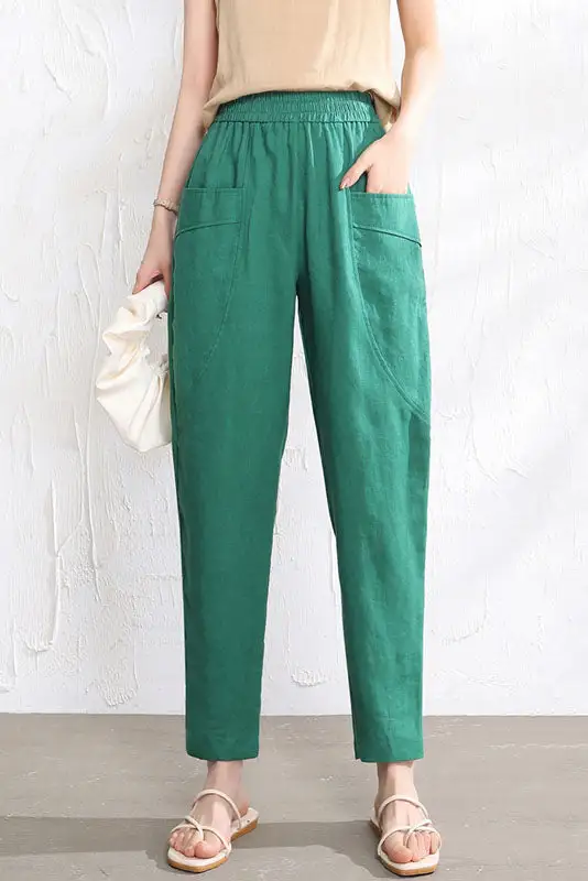 Linen Straight Leg Elastic Waist Pocketed Trousers