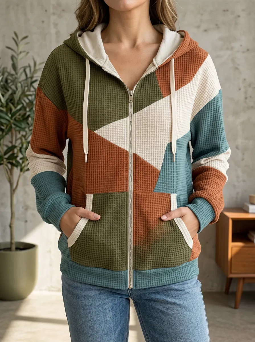 Women's Geometric Colorblock Signature Feature Waffle Zip-Up Hoodie