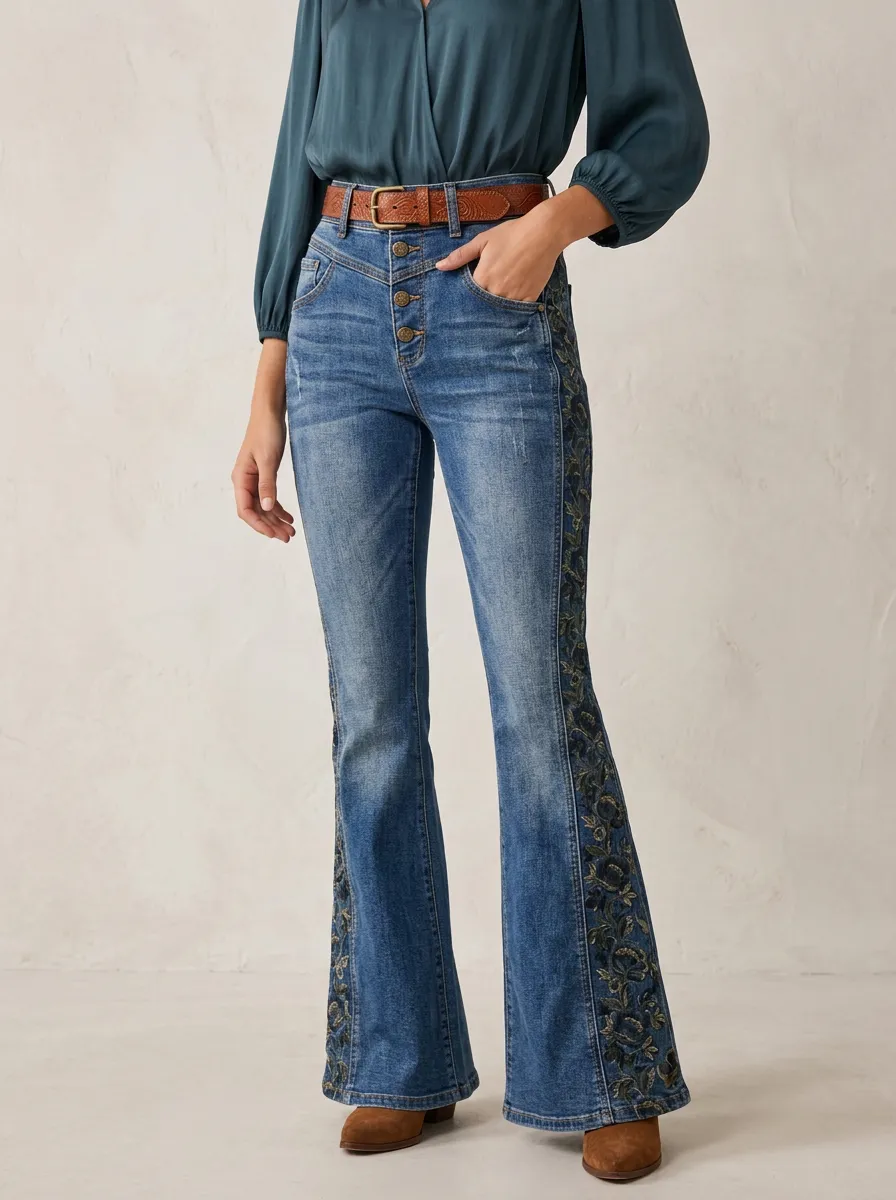 Women's Vintage Boho Floral Embroidered High-Waisted Flare Jeans
