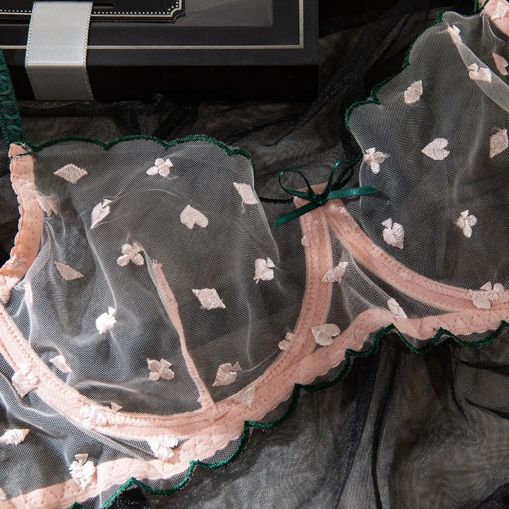 Card Pattern Sheer Lace Underwire Bra Set
