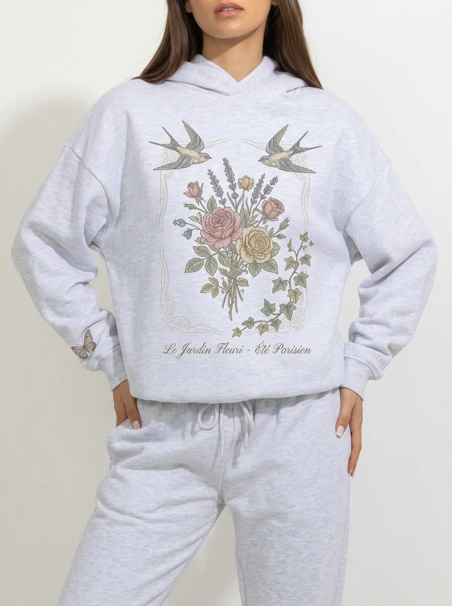 Women's French Floral Swallow Botanical Printed Hoodie
