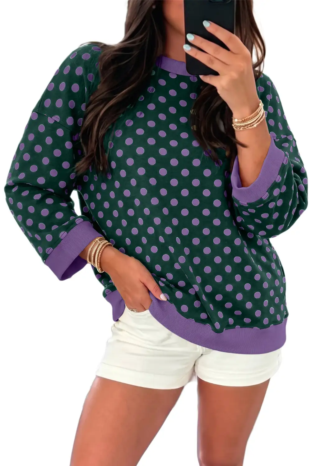 Polka Dot Round Neck Contrast Trim Relaxed Bracelet Sleeve Top