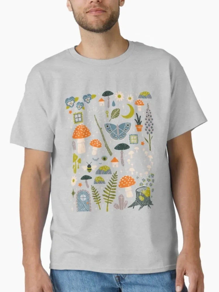 Women's Whimsical Mushroom & Nature Print Crew Neck Short-Sleeve T-Shirt