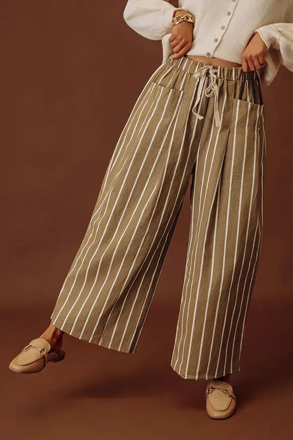 Mid Rise Wide Leg Striped Pleated Pants