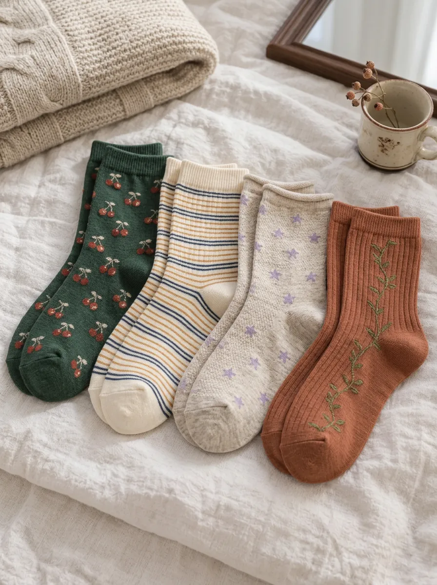 Women's Cherry Stripe Star Vine Printed 4-Pack Socks