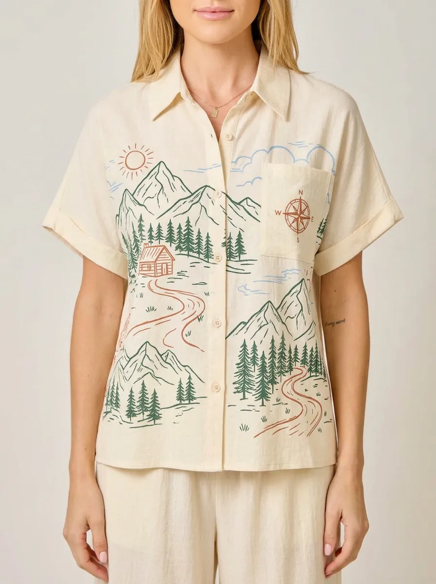 Women's Outdoor Nature Mountain Compass Graphic Button-up Shirt Tank Top