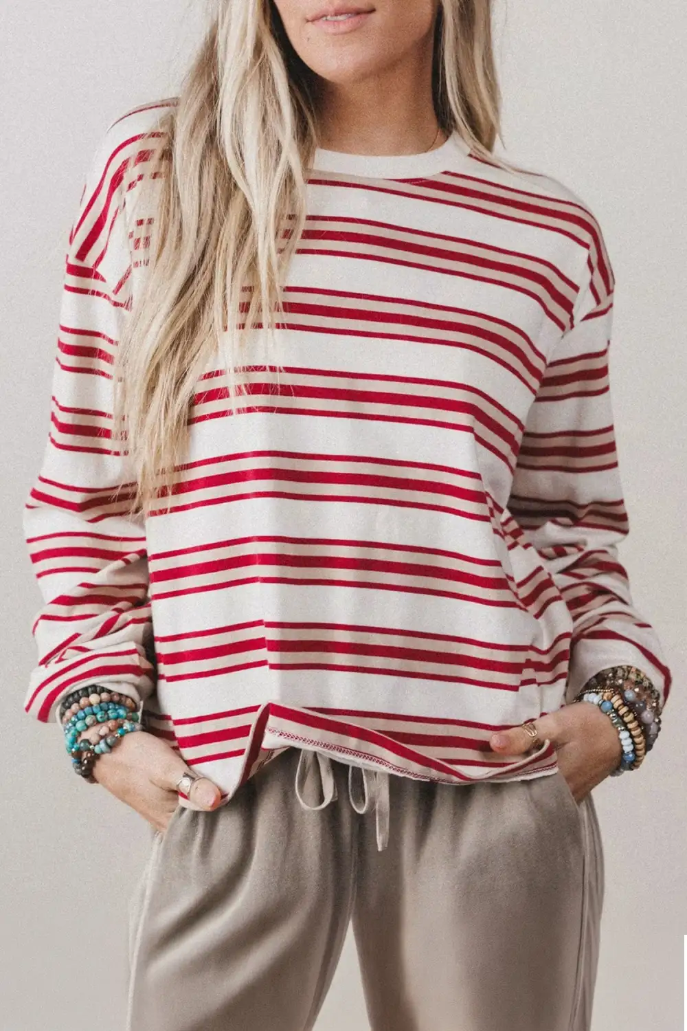 Women's Striped Long Sleeve Drop Shoulder Pullover Top