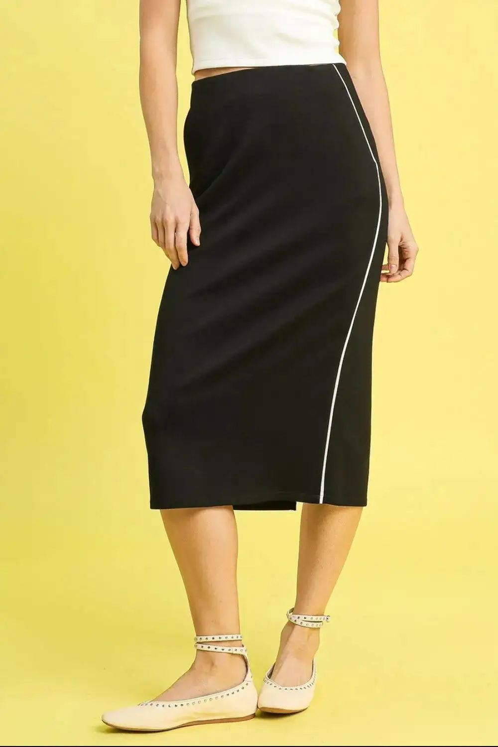 Relaxed Midi Pencil Contrast Piping Skirt