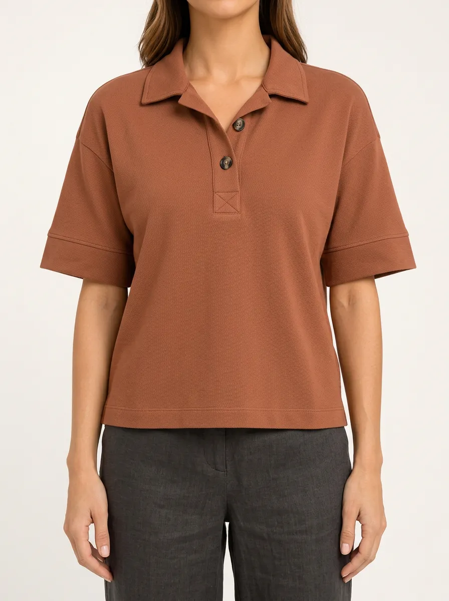 Women's Brown Button Front Polo with Solid Color Styling
