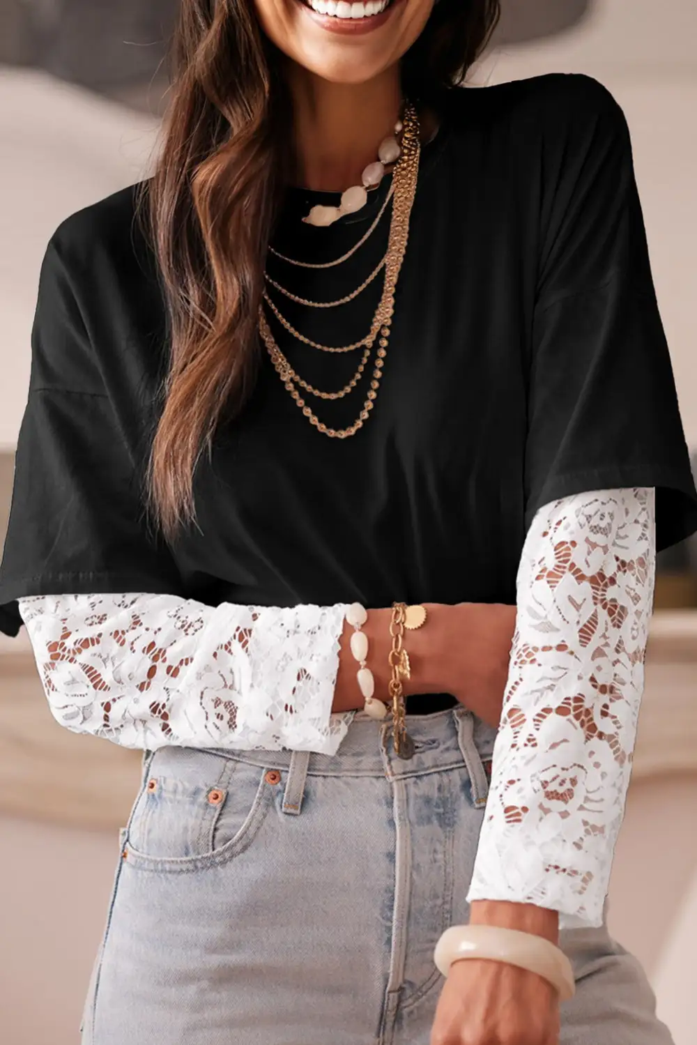 Women's Lace Long Sleeve Drop Shoulder T-Shirt