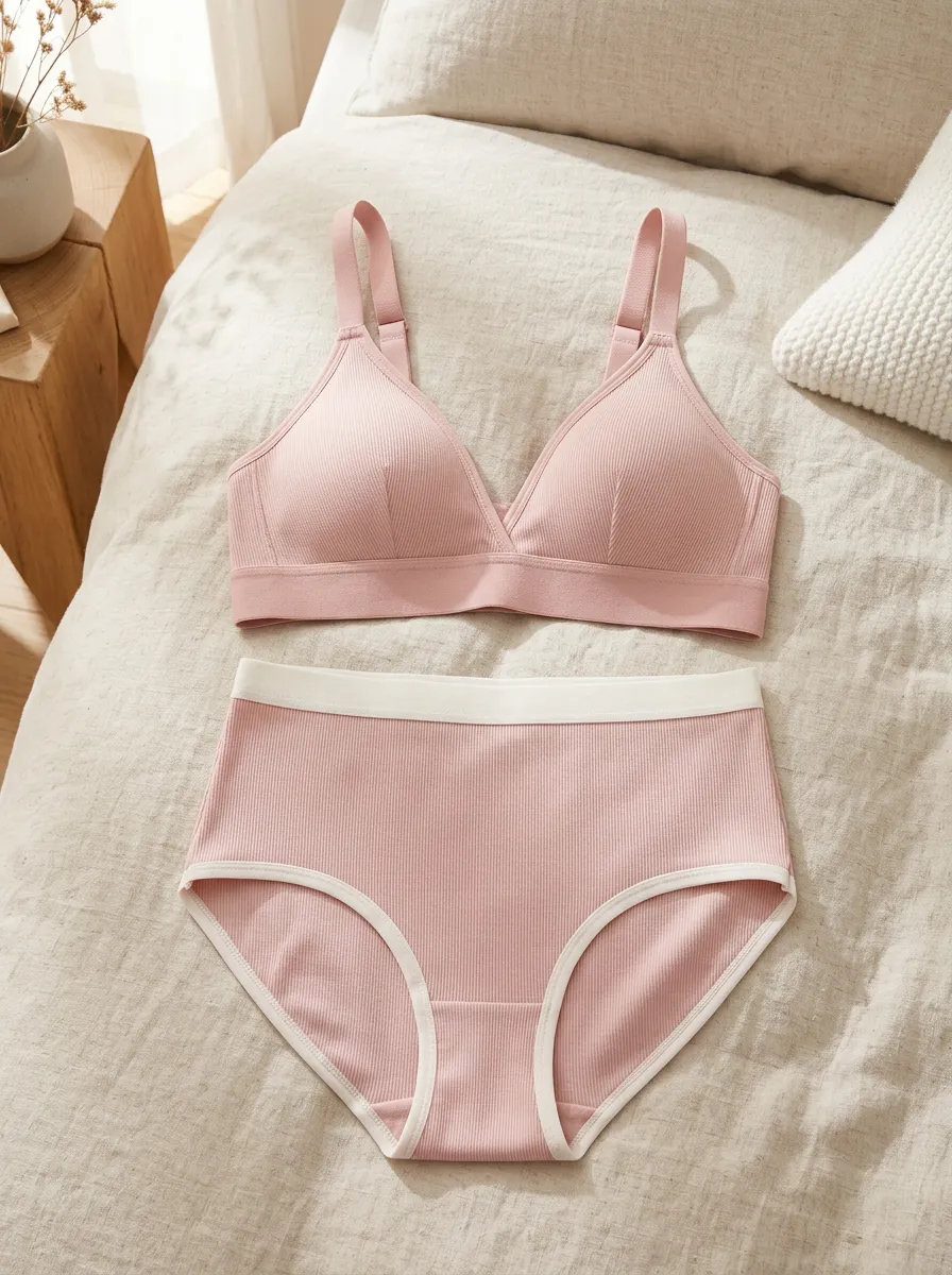 Women's Ribbed Contrast Trim And Seamless Triangle Bralette Lingerie Set