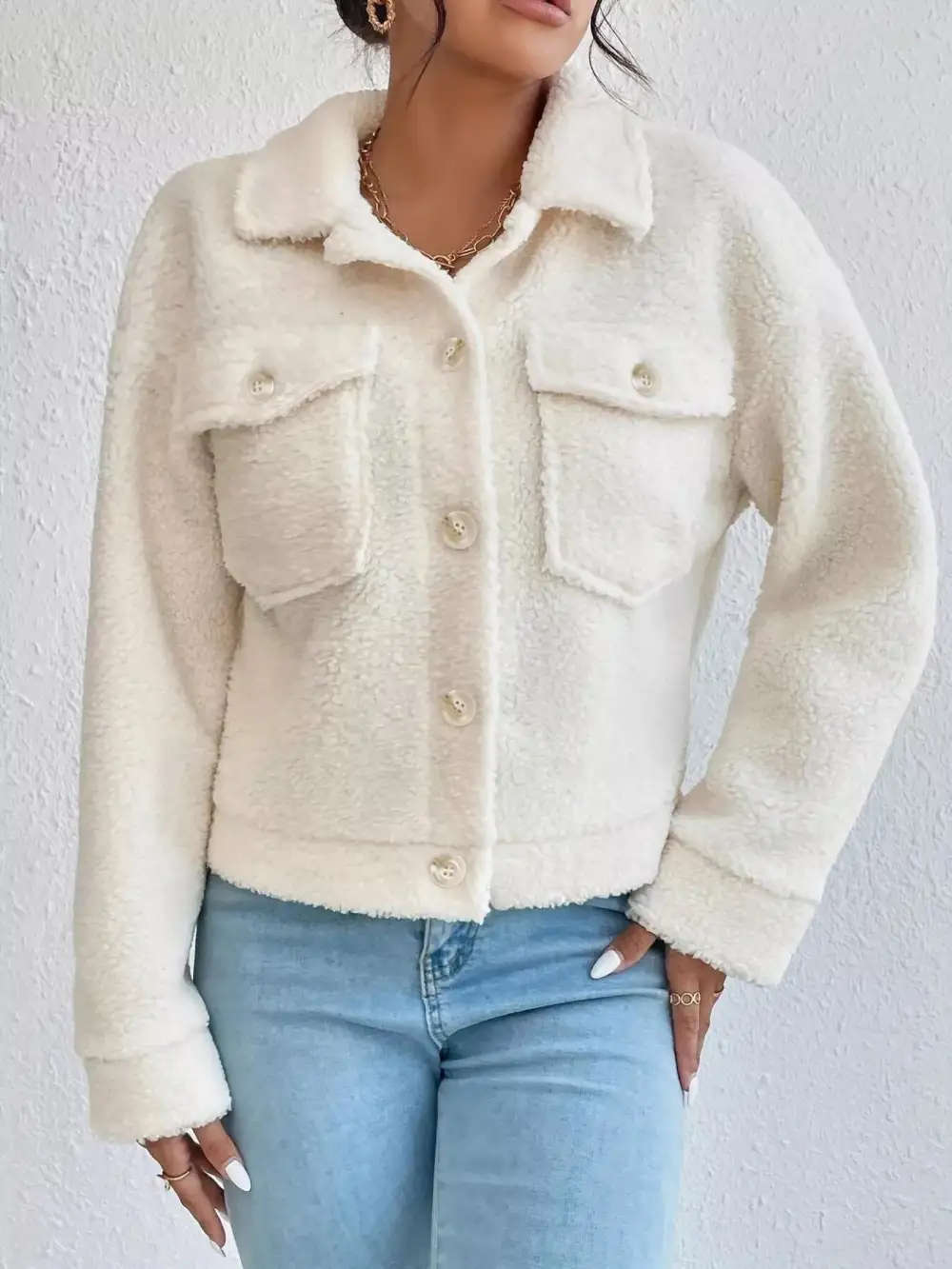 Full Size Cozy Faux Shearling Button-up Jacket Plus Size