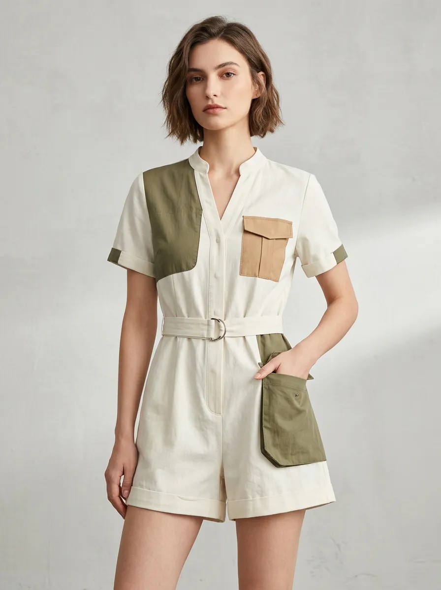 Women's Utility Style Colorblock Patch Pocket Belted Jumpsuit