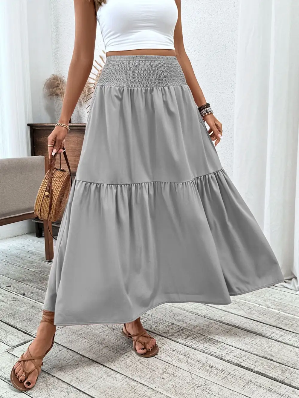 Tailored Smocked Ruffle Trim Detail Skirt