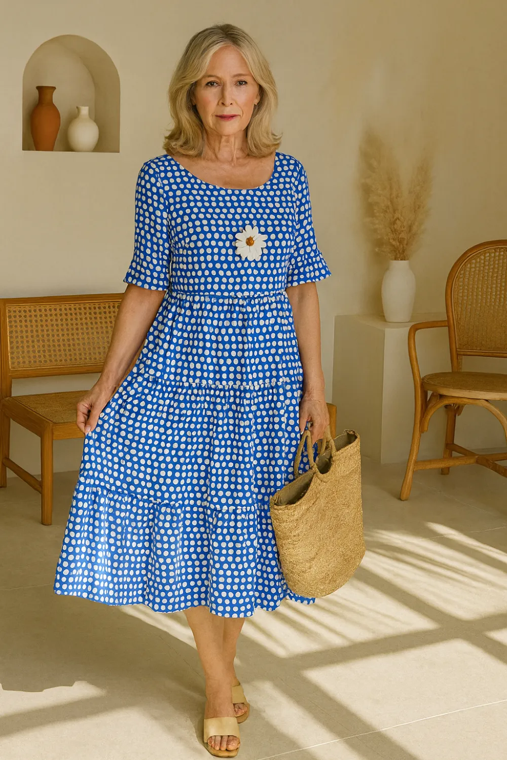  Short Sleeve Polka Dot Midi Dress
