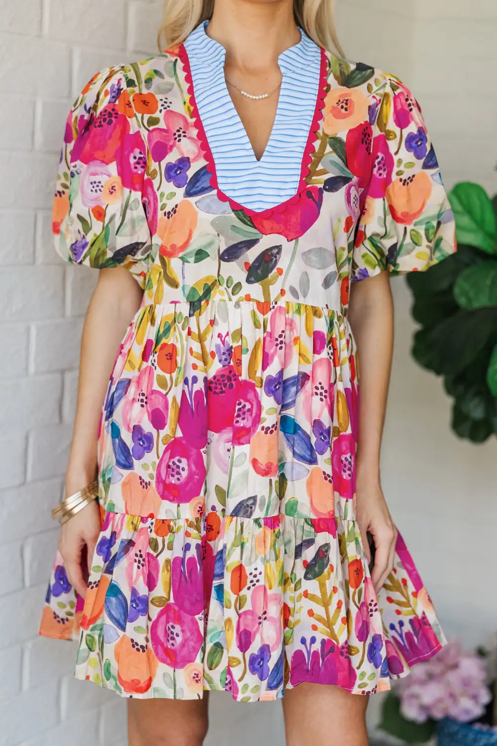 Structured Shape Floral Striped V Neck Dress
