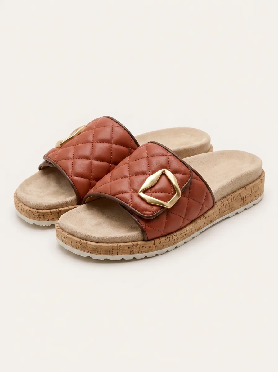 Everyday S Quilted Buckle Cork Sole Printed Slides
