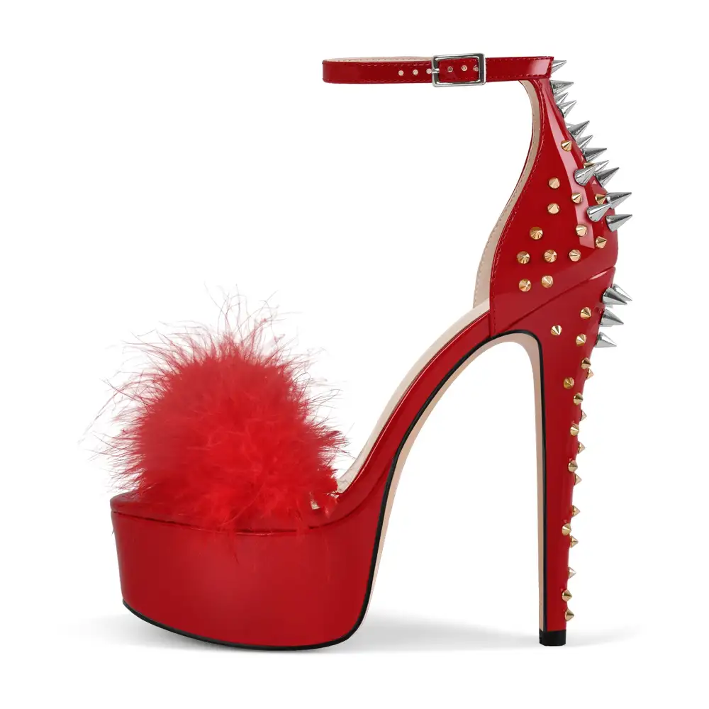 Fur Platform Rivet Ankle Strap Stiletto Sandals