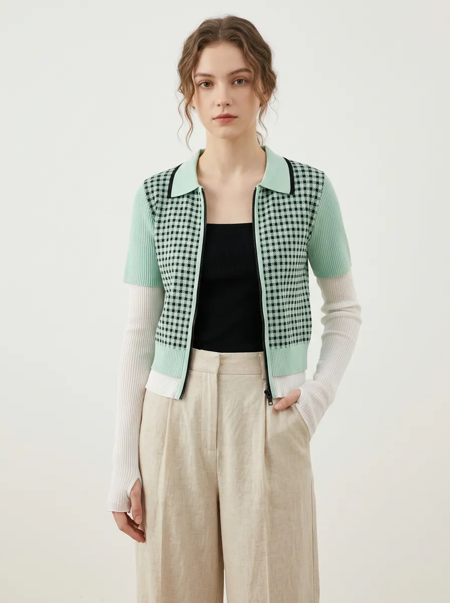 Women's Vintage Style Green Gingham Knitted Zip-up Cardigan Top