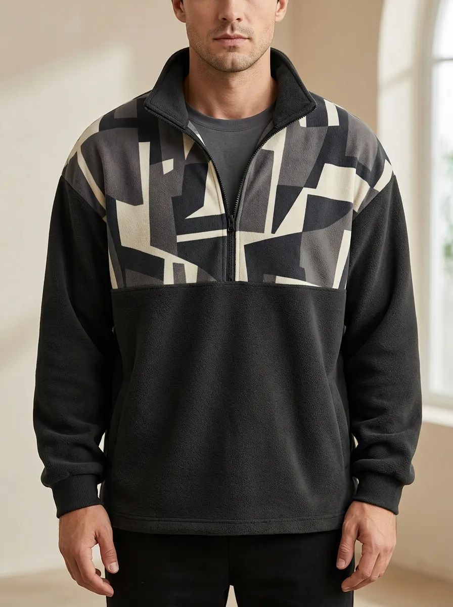 Casual Half-Zip Fleece Geometric Men's Half-Zip Sweatshirt