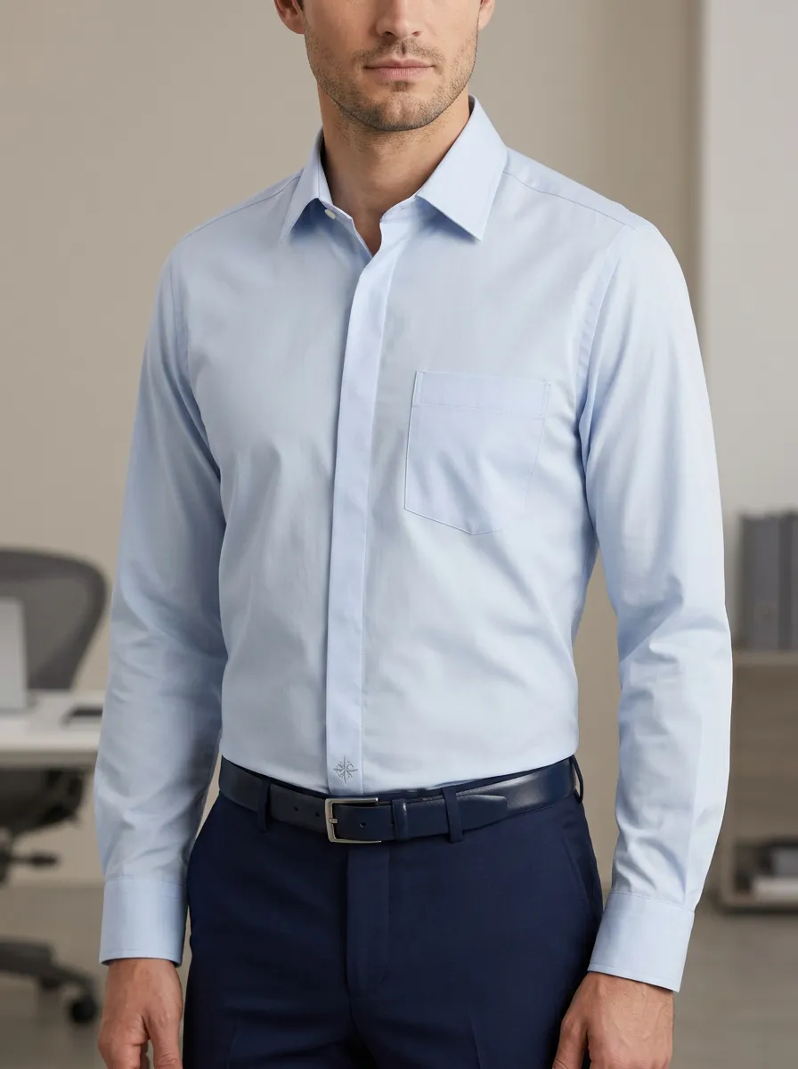 Men's Business Casual Non-Iron Cotton Light Blue Long Sleeve Shirt
