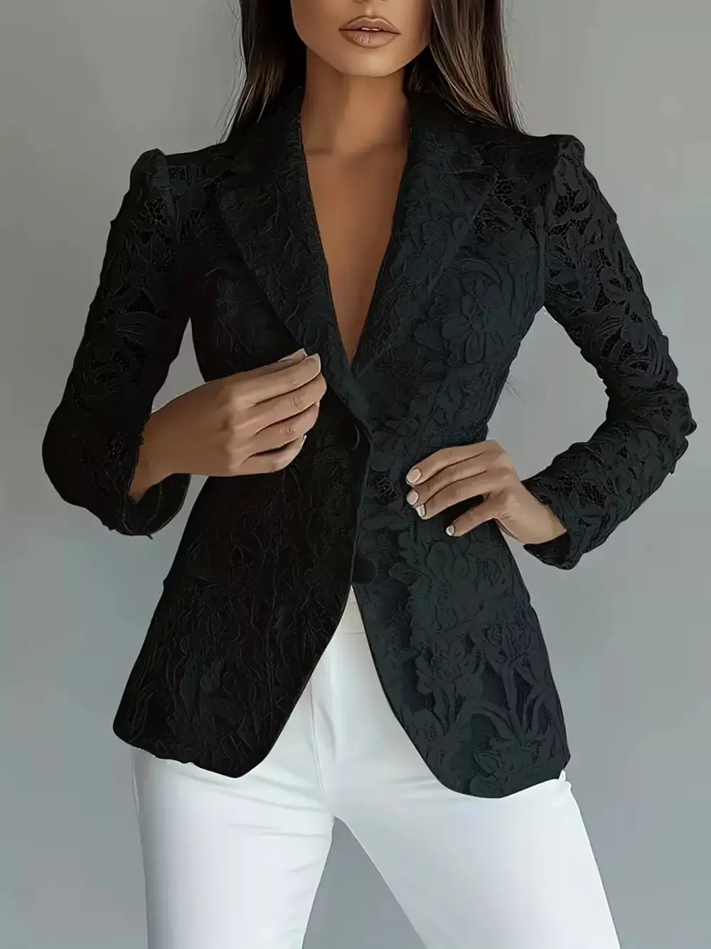 Button-Up Fitted Lace Blazer