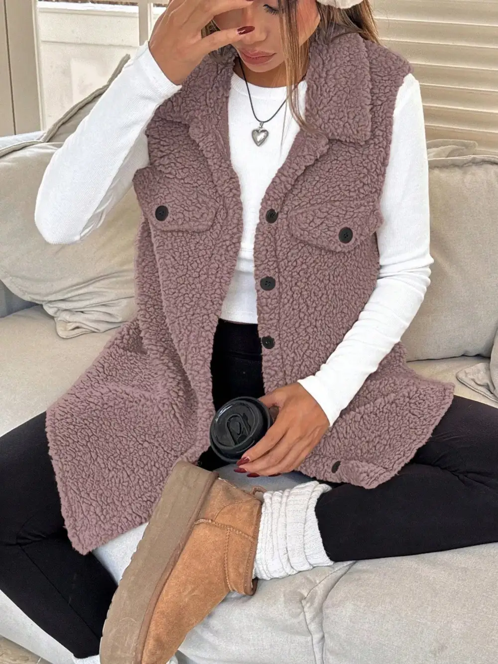 Button Down Sherpa Fleece Vest Coat