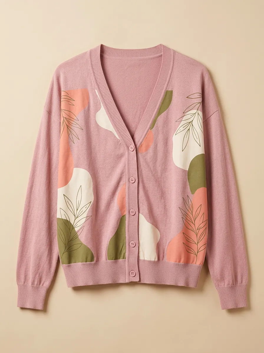 Women's V-Neck Graphic-Print Ribbed Cardigan