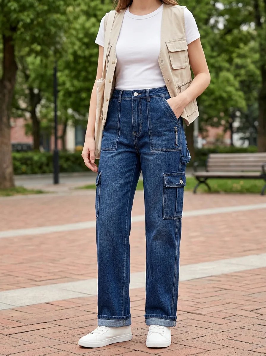 Women's Casual Streetwear Blue Denim Multi-Pocket Cargo Pants