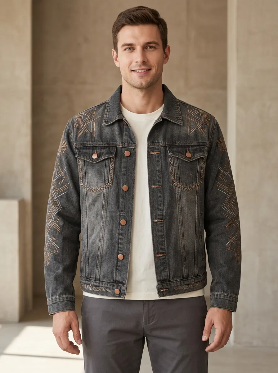 Men's Patterned Style Geometric Embroidered Denim Jacket