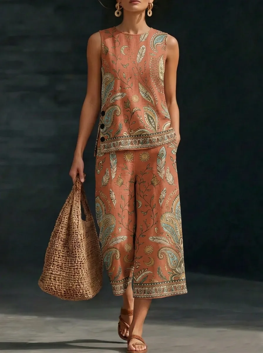 Women's Boho Sun Moon Paisley Printed Sleeveless Set