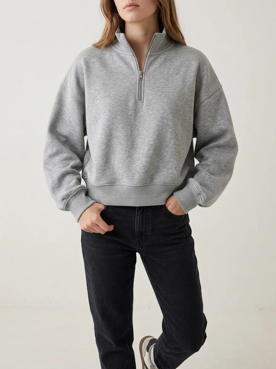Women's Casual Minimalist Grey Quarter Zip Pullover Sweatshirt