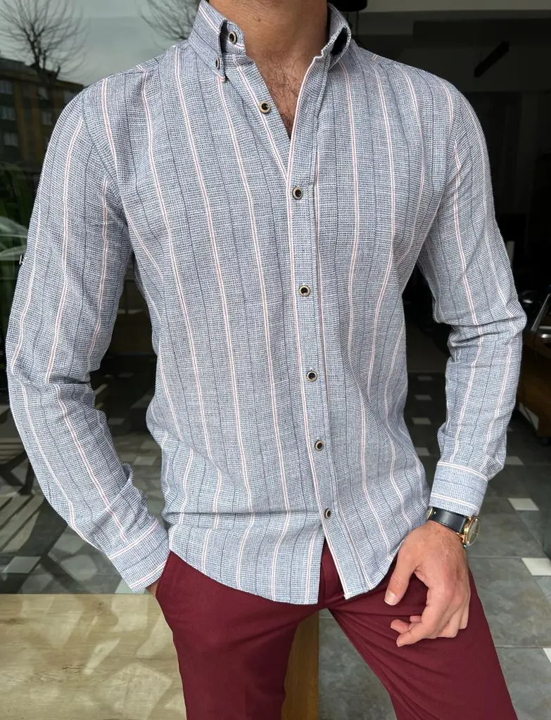 Refined Long Sleeve Slim Fit Striped Cotton Casual Shirt