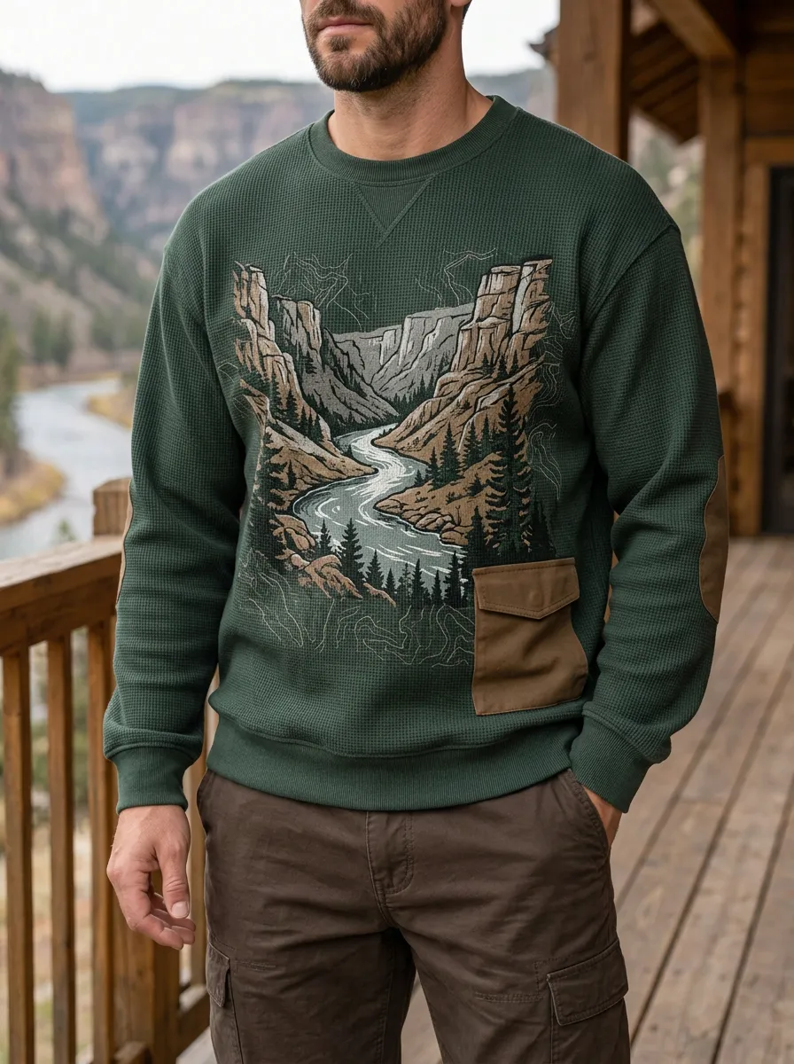 Men's Forest Green Graphic Waffle Knit Crewneck Sweatshirt