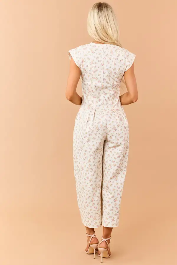Cream Floral Print Twill Denim Button