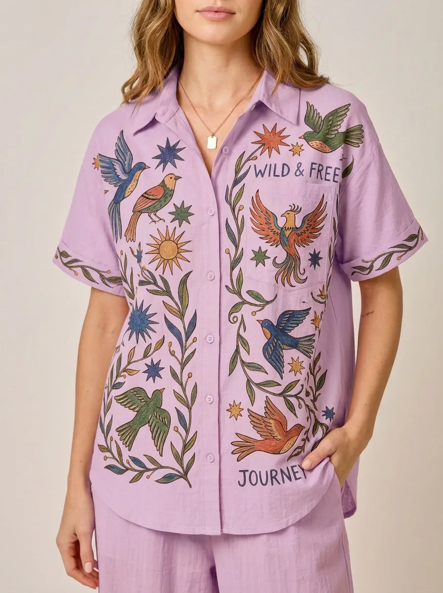 Women's Boho Wild & Free Bird Floral Graphic Button-Up Shirt