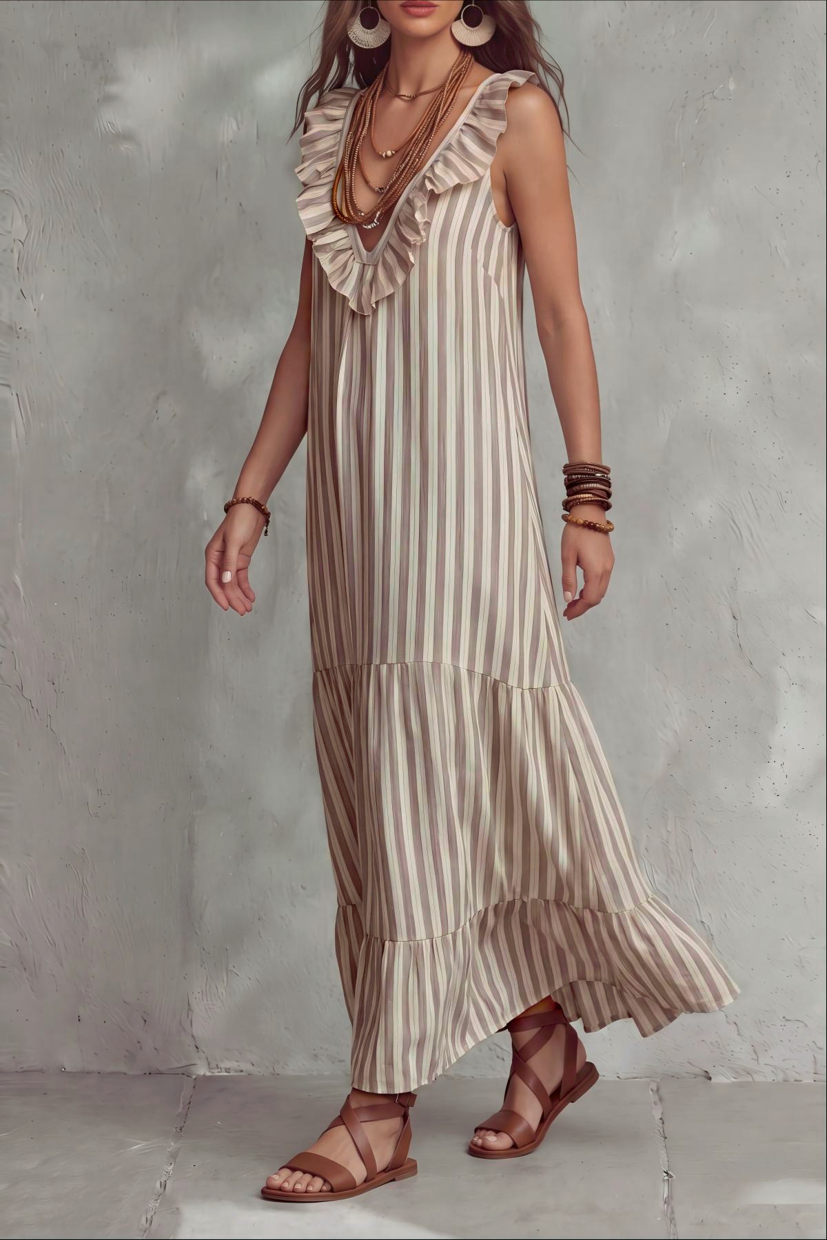 V Neck Ruffle Striped Maxi Dress