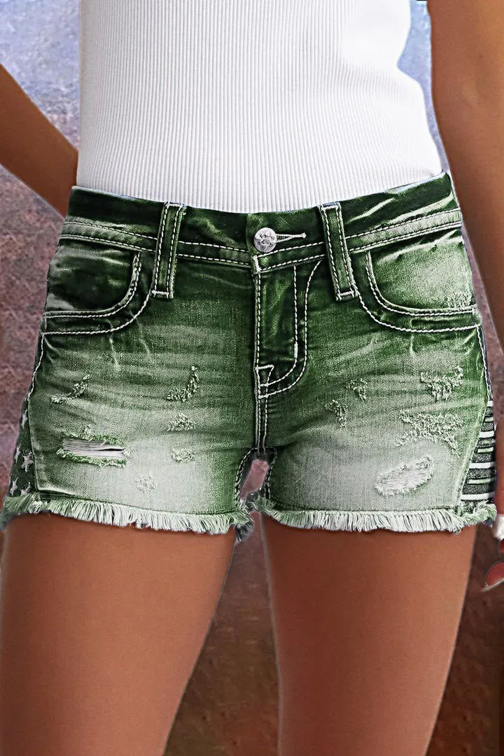 Embroidered Ripped Raw Hem Denim Shorts